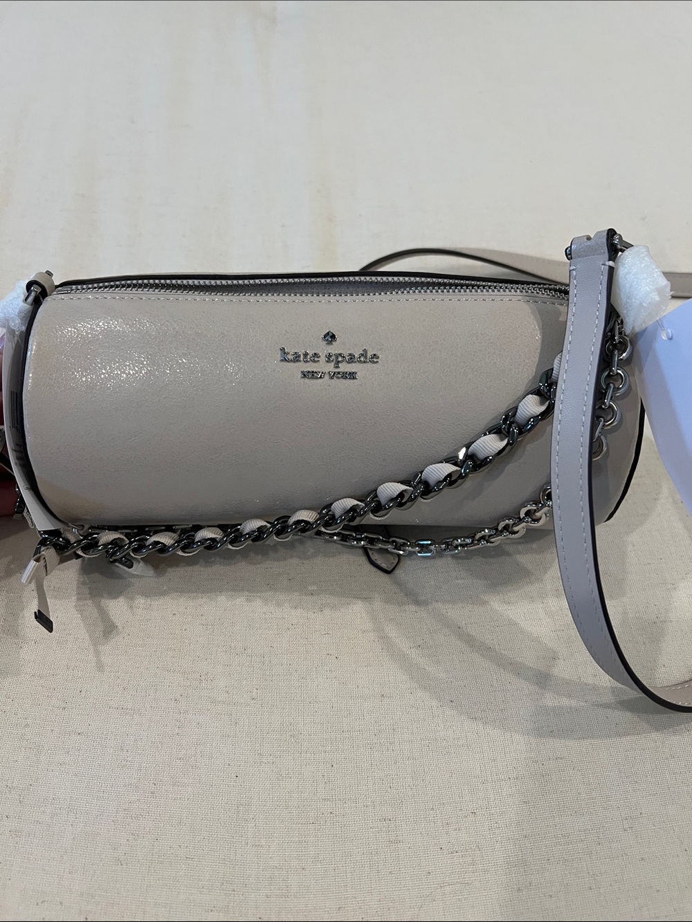 Kate Spade Light Gray Pebbled Leather Chain-Trim Crossbody